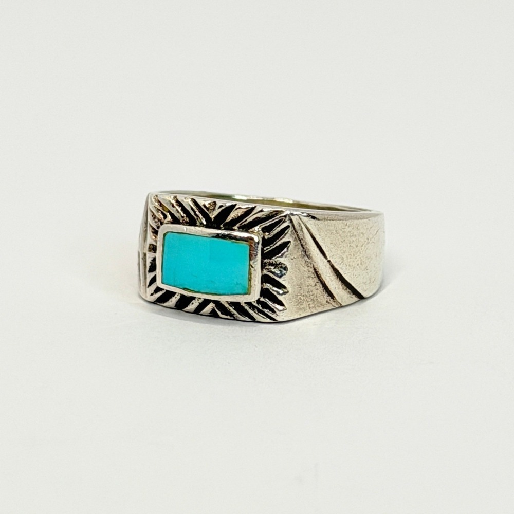 Vintage Navajo Turquoise 925 Sterling Silver Sunburst Signet Ring Size 8.5